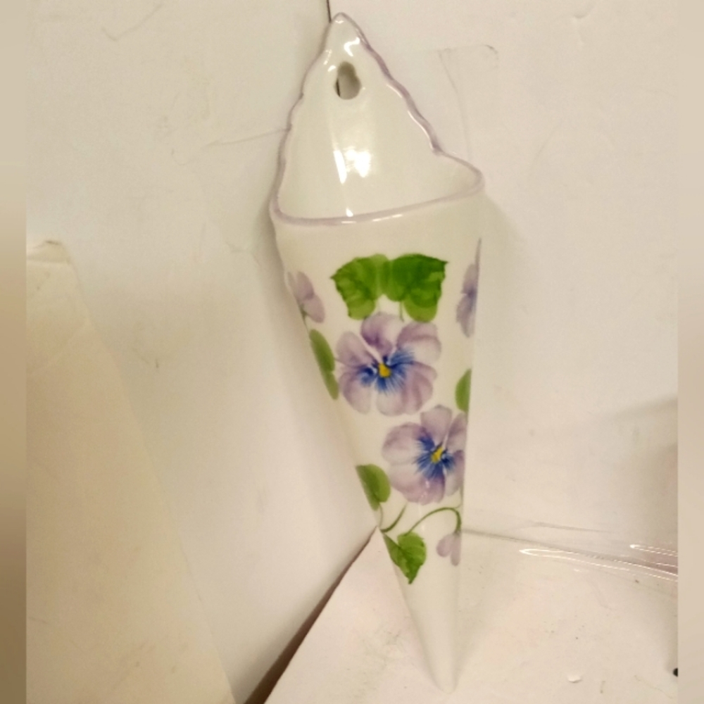 Andrea by Sadek Vintage Cone Bud Vase Sconce Floral  Pansies Porcelain Ceramic